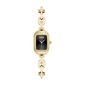 Montre Boss Boitier Or Jaune Rectangle Cadran Noir Bracelet Acier Or Jaune