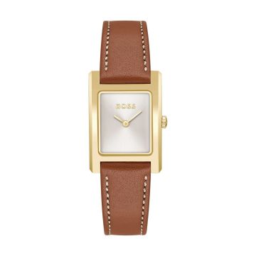 Montre Boss Boitier Or Jaune Rectangle Cadran Acier Bracelet Cuir De Veau Marron