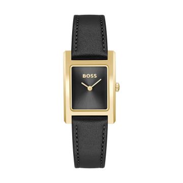 Montre Boss Boitier Or Jaune Rectangle Cadran Noir Bracelet Cuir De Veau Noir