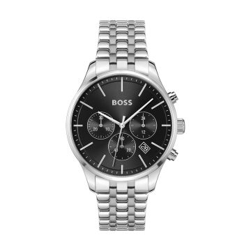 Montre Boss Chrono Boitier Acier Rond Cadran Noir Bracelet Acier Acier