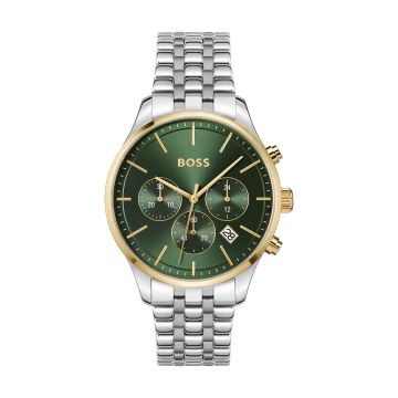 Montre Boss Chrono Boitier Acier Rond Cadran Vert Bracelet Acier Acier