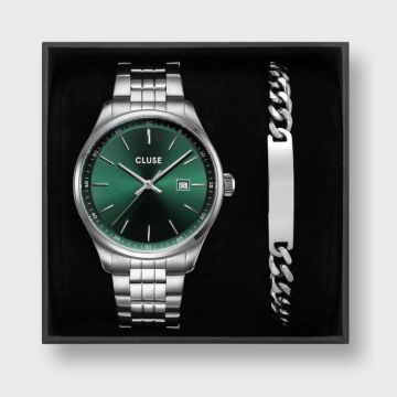 Gift Box Anthéor Watch Steel, Green & Chain Bracelet, Silver Colour