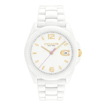 Montre Coach Mouvement Qtz Basic Calendar Boitier Céramique Rond Cadran Blanc Bracelet Céramique Blanc Greyson
