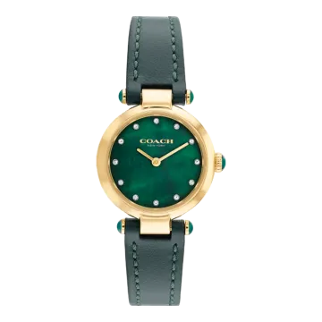 Montre Coach Mouvement Qtz Boitier Acier Doré Rond Cadran Vert Nacre Bracelet Cuir Coach Vert Cary