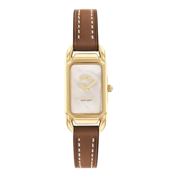 Montre Coach Mouvement Qtz Boitier Acier Doré Rectangle Cadran Nacre Blanc Bracelet Cuir Coach Marron Cadie