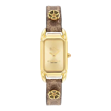 Montre Coach Mouvement Qtz Boitier Acier Doré Rectangle Cadran Acier Doré Bracelet Cuir Coach Marron Cadie