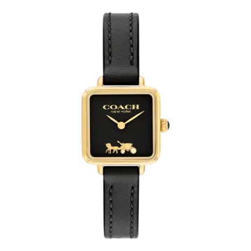 Montre Coach Mouvement Qtz Boitier Acier Doré Carre Cadran Noir Bracelet Cuir Coach Noir Cass