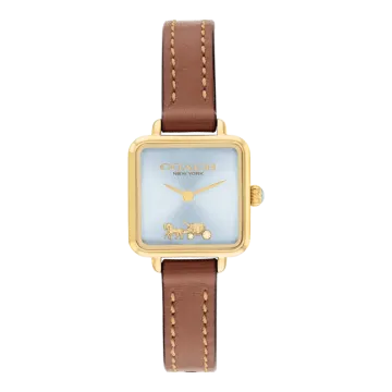 Montre Coach Mouvement Qtz Boitier Acier Doré Carre Cadran Bleu Bracelet Cuir Coach Marron Cass
