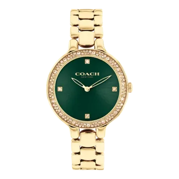 Montre Coach Mouvement Qtz Boitier Acier Doré Rond Cadran Vert Bracelet Acier Acier Doré Chelsea