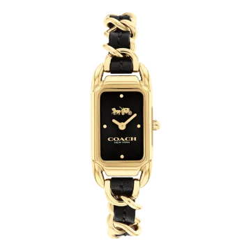 Montre Coach Mouvement Qtz Boitier Acier Doré Rectangle Cadran Noir Bracelet Cuir Coach Noir Et Acier Doré Cadie