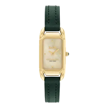 Montre Coach Mouvement Qtz Boitier Acier Doré Rectangle Cadran Nacre Vert Bracelet Cuir Coach  Cadie