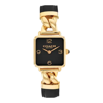 Montre Coach Mouvement Qtz Boitier Acier Doré Carre Cadran Noir Bracelet Cuir Coach Noir Cass