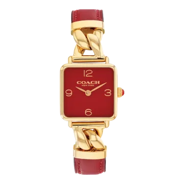 Montre Coach Mouvement Qtz Boitier Acier Doré Carre Cadran Rouge Bracelet Cuir Coach Rouge Cass