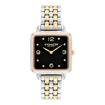 Montre Coach Mouvement Qtz Boitier Acier, Acier Doré & Acier Or Rose Carre Cadran Noir Bracelet Acier Acier Et Acier Doré Cass