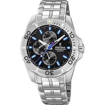 Montre Festina Homme Multifonctions Acier Fond Bleu Et Noir
