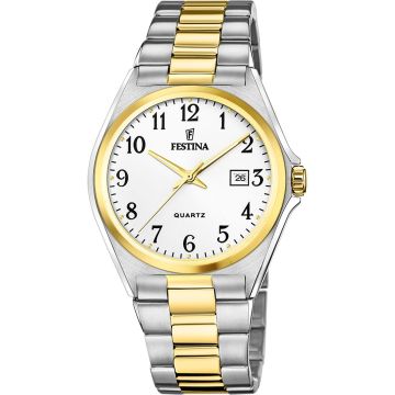 Montre Festina Homme Acier Bicolore Dore Fond Blanc