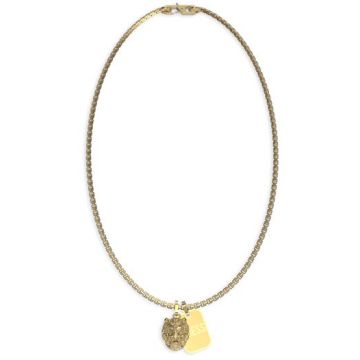 Collier acier doré 1 pampille plaque et 1 pampille tête de lion