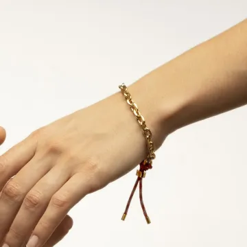 Lotus Style Unisex Bracelet Chaine Dorée Cordon Rouge Et Bleu