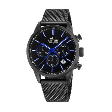 Montre Lotus Homme Chronographe Acier Noir Maille Milanaise Fond Noir Et Bleu