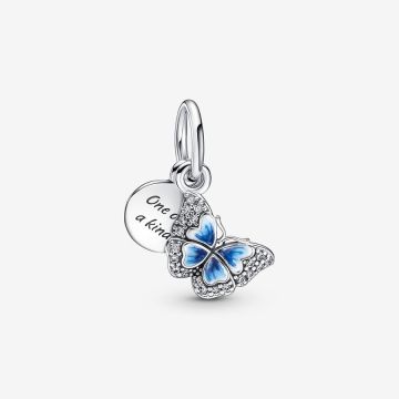Charm Pendant Double Papillon Bleu & Citation