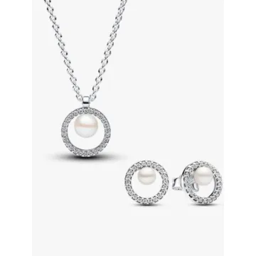 Parure Collier et Clous d'Oreilles Perle de Culture d'Eau Douce Traitée & Pavé Pandora