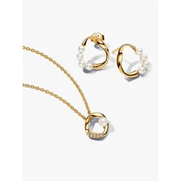 Parure Collier & Clous d’Oreilles Cercle Organique et Perles de Culture Pandora