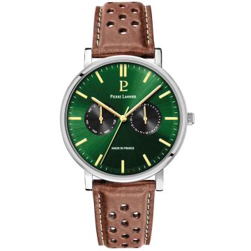 Montre Homme ESSENTIAL Argenté Cadran Vert Bracelet Cuir perforé Brun 20 MM