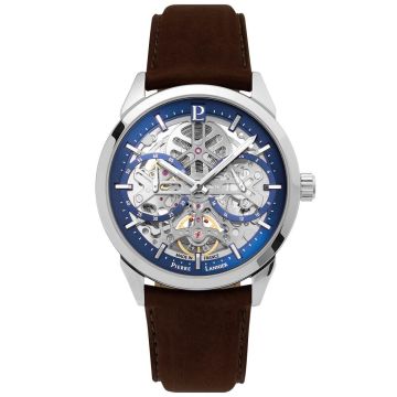 Montre Homme MONARCK Argenté Cadran Bleu Bracelet Cuir Brun 22 MM