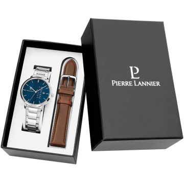 Coffret Homme DATA Argenté Cadran Bleu Bracelet Cuir Brun 20 MM