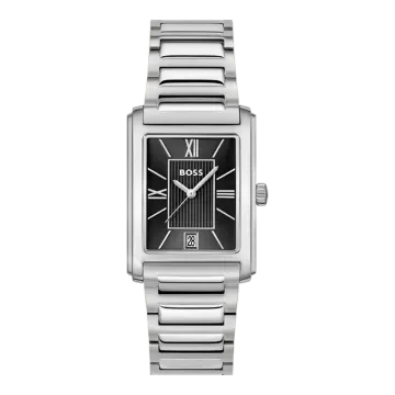 Montre Boss Mouvement Qtz Boitier Acier Rectangle Cadran Noir Bracelet Acier Acier Desk Principle Dress