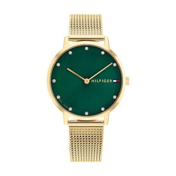 Montre Tommy Hilfiger Boitier Or Jaune Rond Cadran Vert Bracelet Acier Maille Milanaise Or Jaune