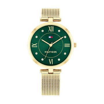 Montre Tommy Hilfiger Boitier Or Jaune Rond Cadran Vert Bracelet Acier Maille Milanaise Or Jaune