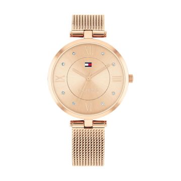 Montre Tommy Hilfiger Boitier Or Rose Rond Cadran Or Rose Bracelet Acier Maille Milanaise Or Rose